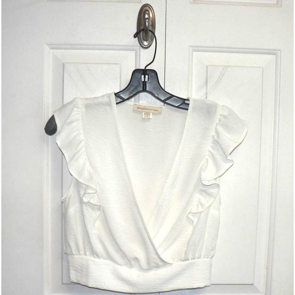 Monteau Los Angeles Women's V-Neck Faux Wrap Flutter Sleeve Top in White‎ Small